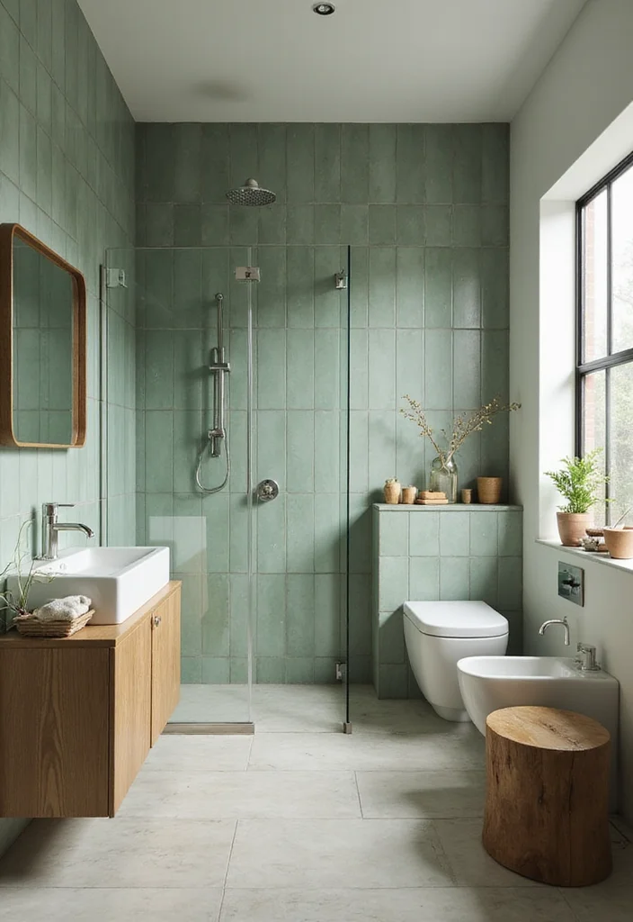 14 Sage Green Tile Bathroom Ideas With Calm Vibes - 8. Sage Green and Natural Wood Combination