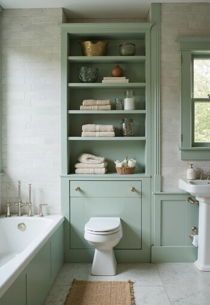 14 Sage Green Tile Bathroom Ideas With Calm Vibes - 9. Open Shelving with Sage Green Accents