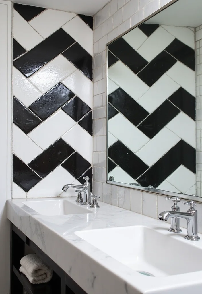 14 Stunning Black And White Subway Tile Bathroom Ideas - 1. Chevron Pattern Charm