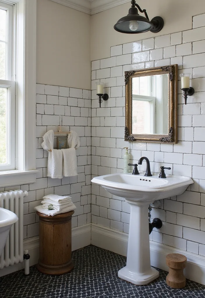 14 Stunning Black And White Subway Tile Bathroom Ideas - 10. Vintage-Inspired Decor