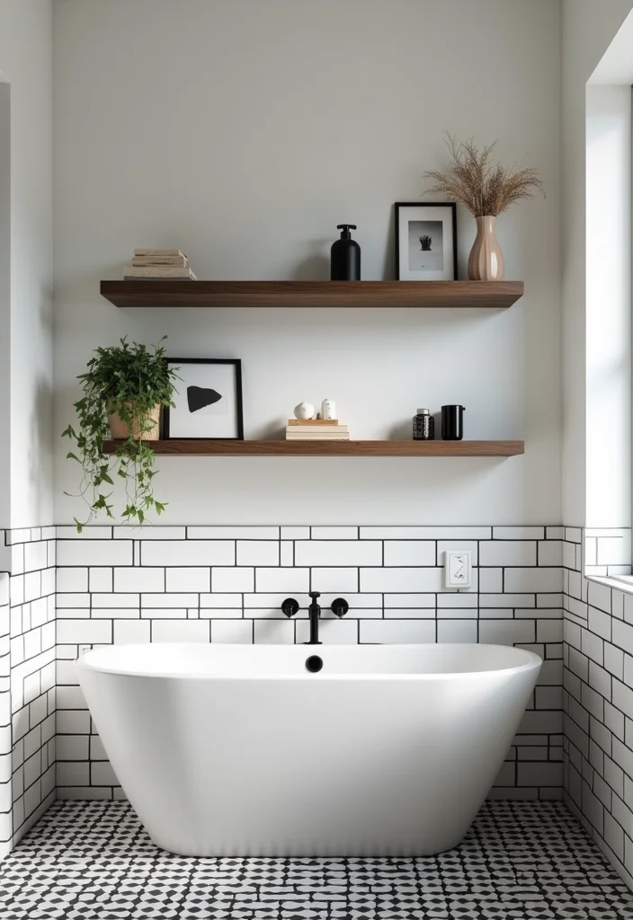 14 Stunning Black And White Subway Tile Bathroom Ideas - 11. Minimalist Floating Shelves