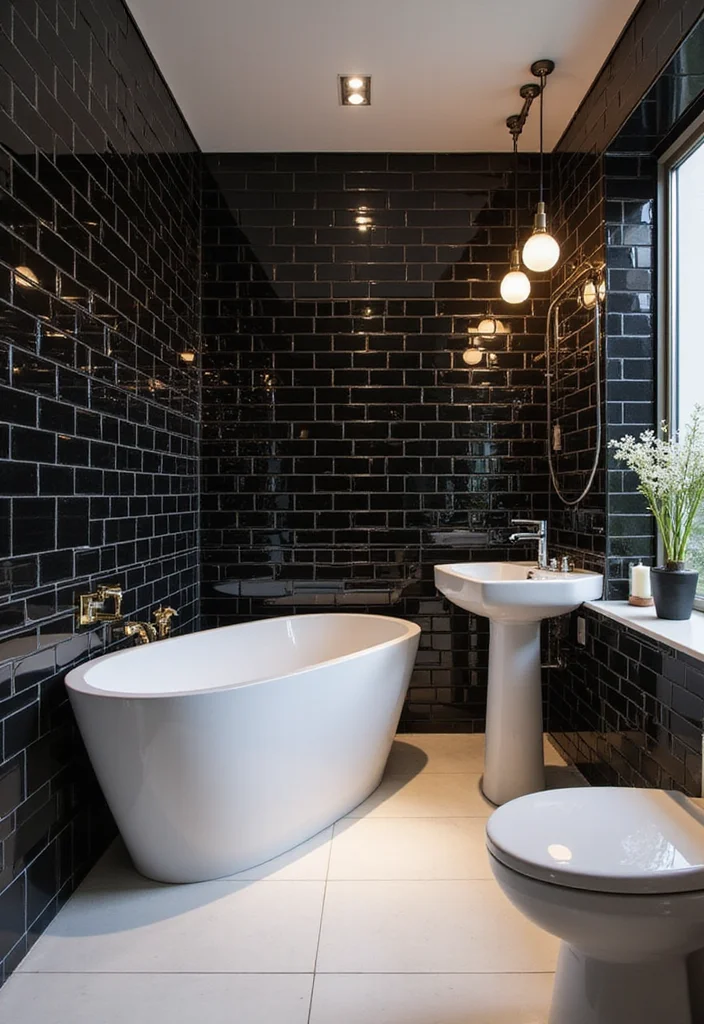 14 Stunning Black And White Subway Tile Bathroom Ideas - 12. Glossy Finish for Luxury