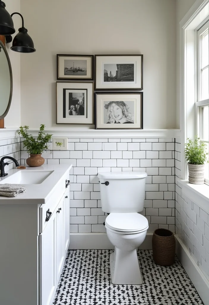 14 Stunning Black And White Subway Tile Bathroom Ideas - 13. Personalized Artwork