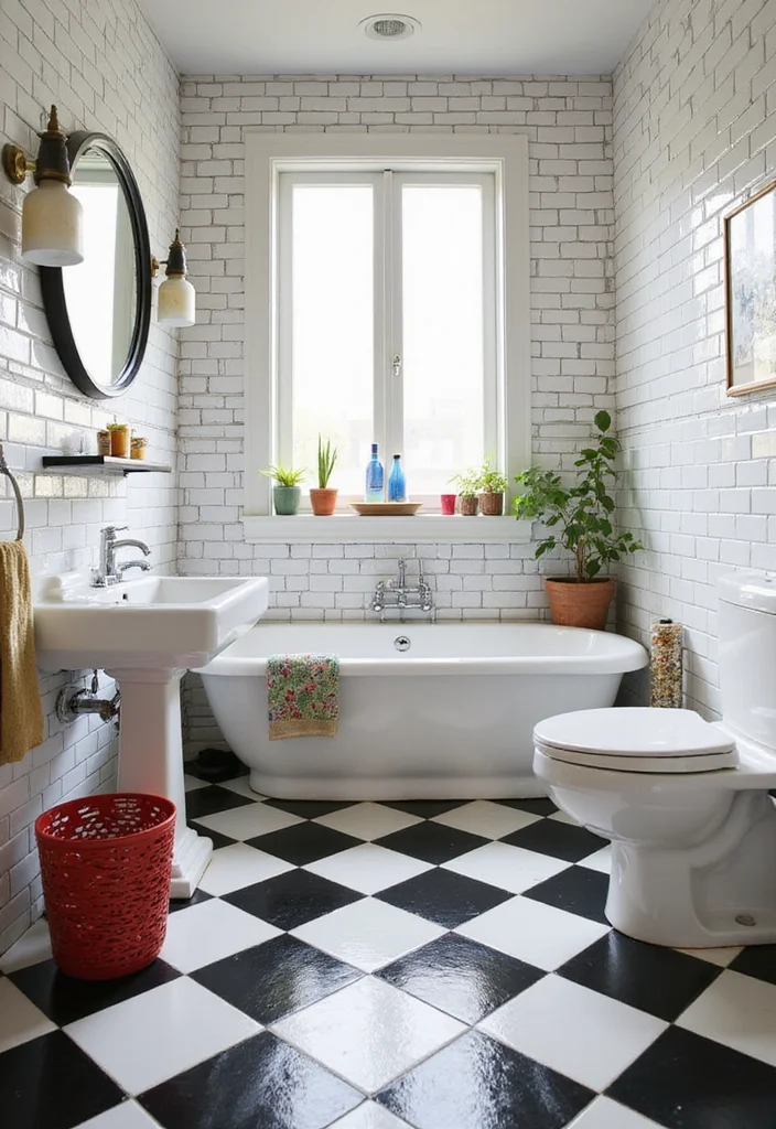 14 Stunning Black And White Subway Tile Bathroom Ideas - 3. Classic Checkerboard Floor