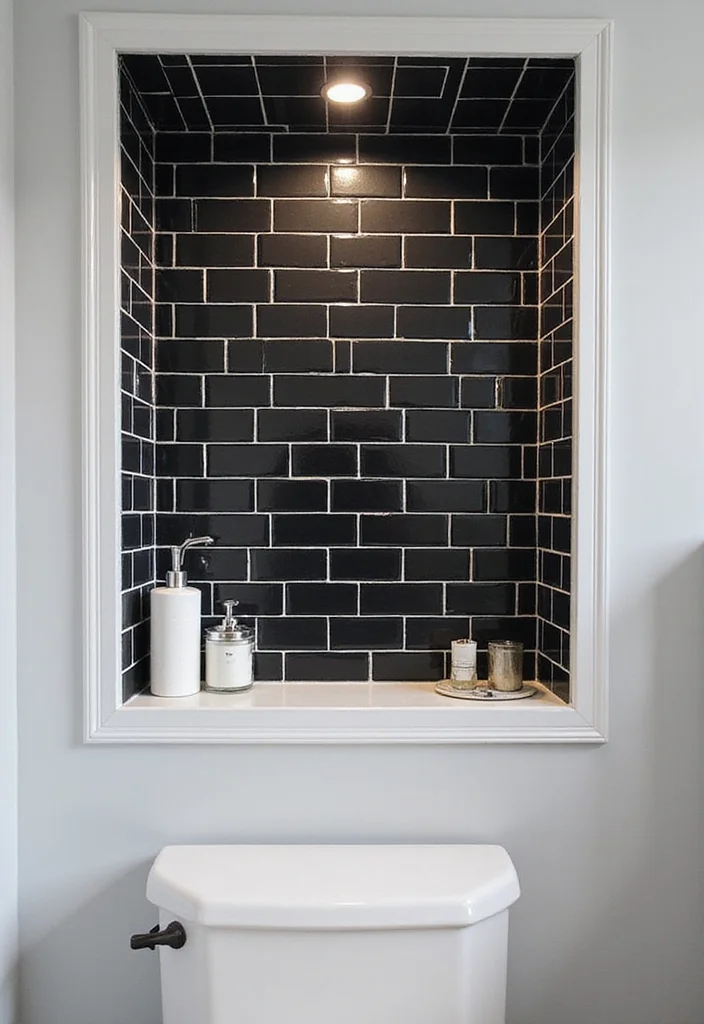 14 Stunning Black And White Subway Tile Bathroom Ideas - 6. Monochrome Shower Niche