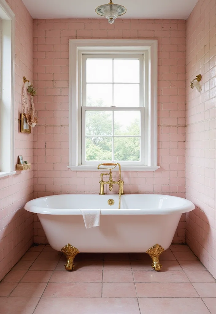 14 Vintage Pink Tile Bathroom Ideas With Retro Style - 1. Chic Clawfoot Bathtub