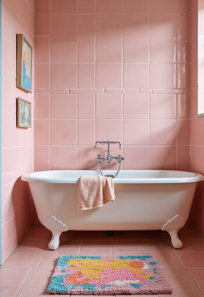 14 Vintage Pink Tile Bathroom Ideas With Retro Style - 10. Fun Bath Mats