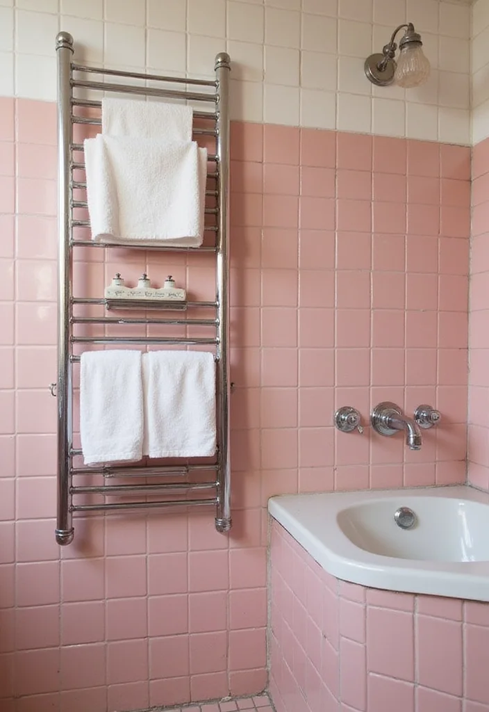 14 Vintage Pink Tile Bathroom Ideas With Retro Style - 11. Vintage Towel Racks