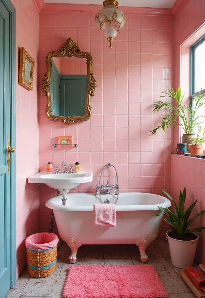 14 Vintage Pink Tile Bathroom Ideas With Retro Style - 12. Colorful Accents