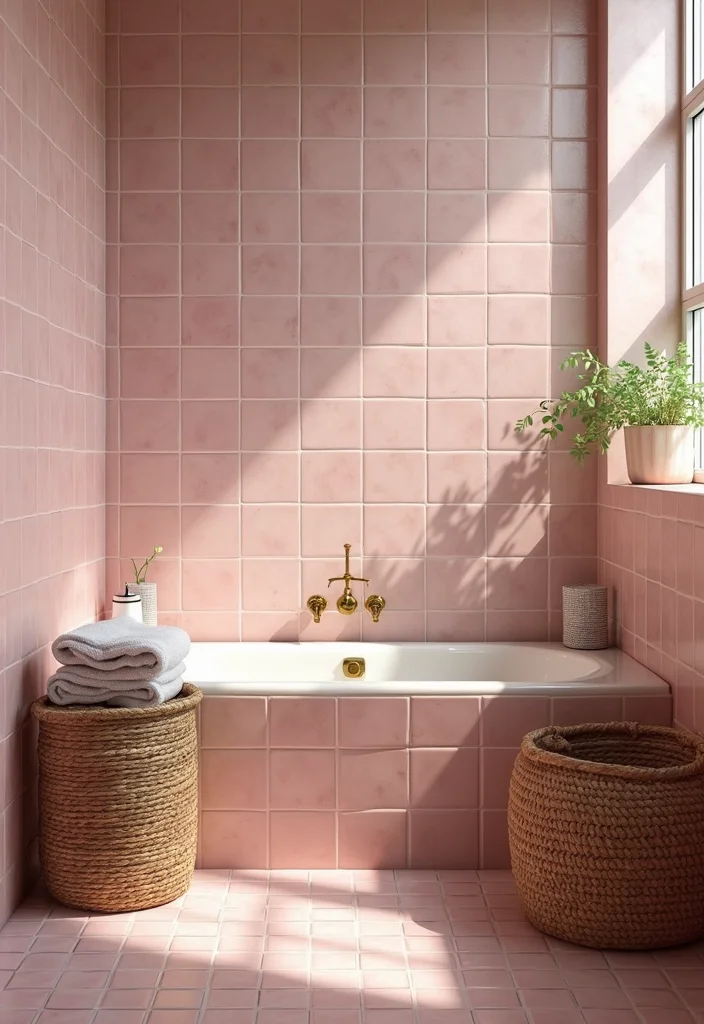 14 Vintage Pink Tile Bathroom Ideas With Retro Style - 13. Layered Textures