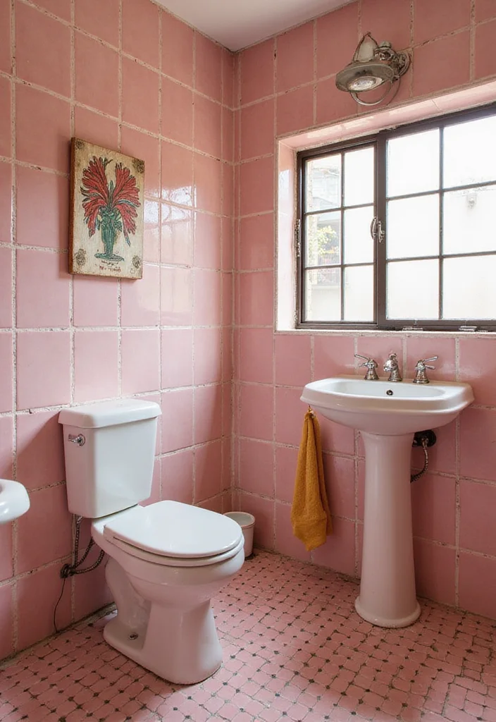 14 Vintage Pink Tile Bathroom Ideas With Retro Style - 14. Unique Statement Pieces