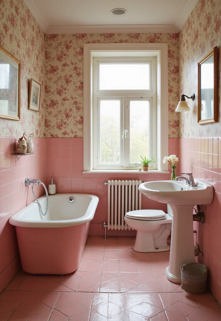14 Vintage Pink Tile Bathroom Ideas With Retro Style - 2. Retro Floral Wallpapers
