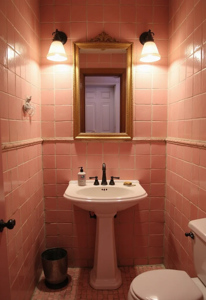 14 Vintage Pink Tile Bathroom Ideas With Retro Style - 6. Elegant Lighting Fixtures