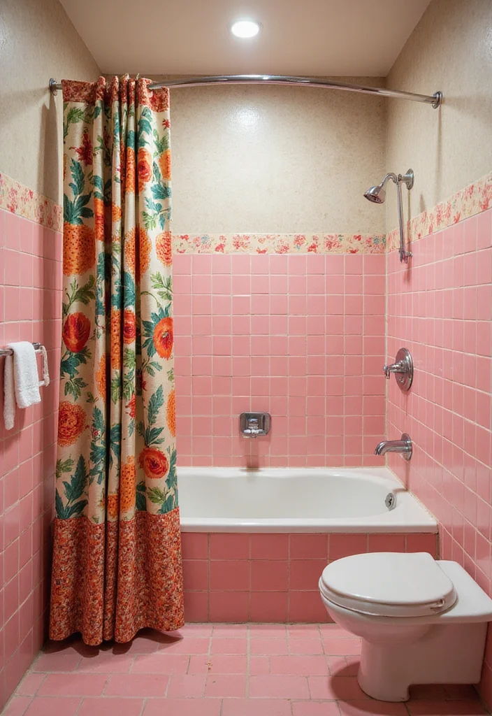 14 Vintage Pink Tile Bathroom Ideas With Retro Style - 7. Retro Shower Curtains