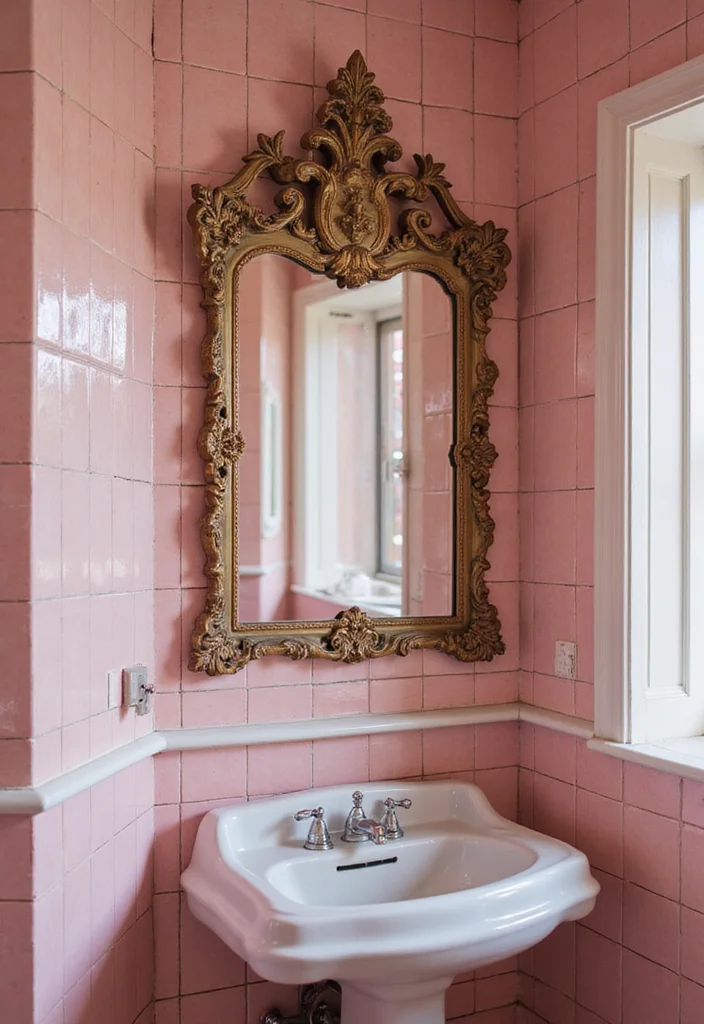 14 Vintage Pink Tile Bathroom Ideas With Retro Style - 8. Vintage Mirrors