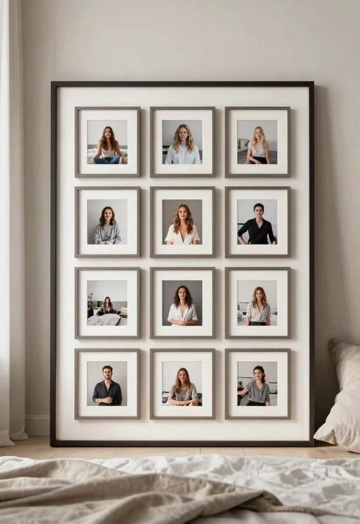 15 Bedroom Photo Frame Ideas for a Personal Gallery Style - 10. Multi-Frame Collage on a Single Panel 1
