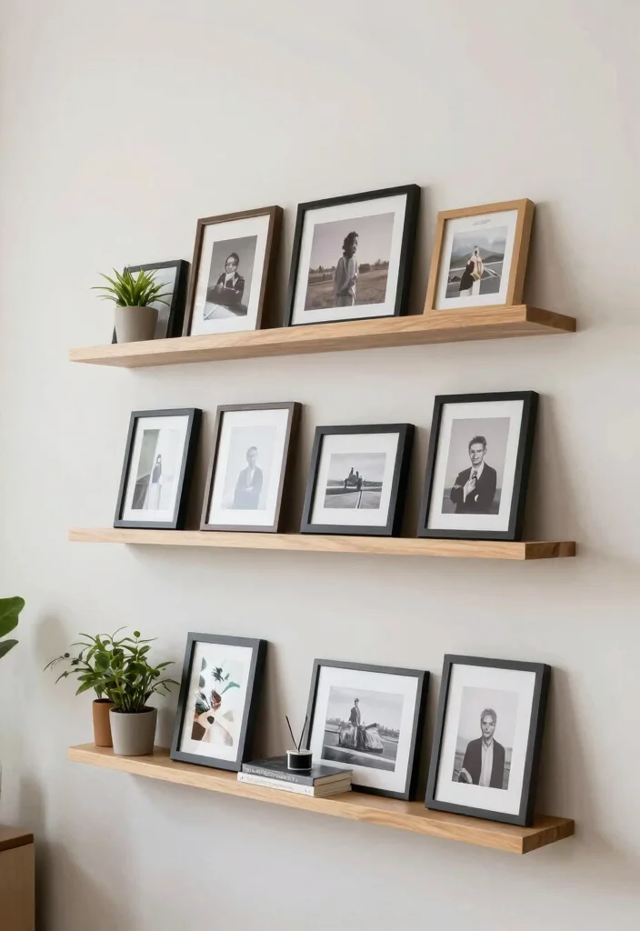 15 Bedroom Photo Frame Ideas for a Personal Gallery Style - 2. Layered Frames on a Shelf 1