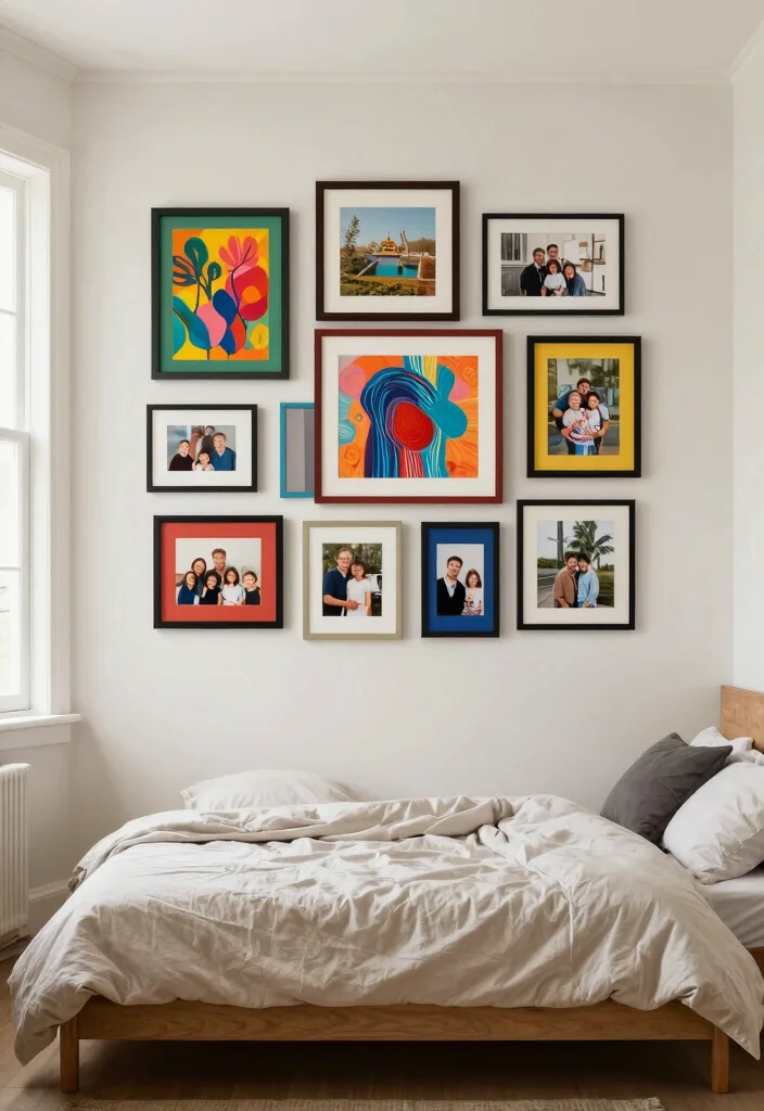 15 Bedroom Photo Frame Ideas for a Personal Gallery Style - 3. Asymmetrical Arrangement 1