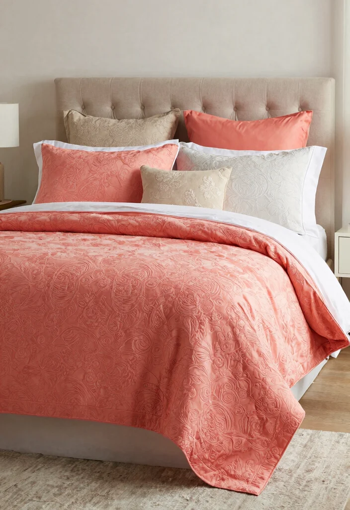 15 Coral Bedroom Ideas for Adults: Warm Fresh Sophistication - 11. Coral-themed Bedspreads 1