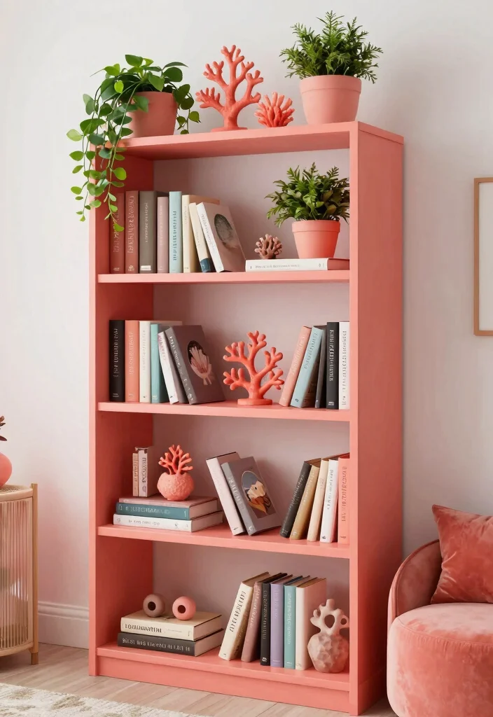 15 Coral Bedroom Ideas for Adults: Warm Fresh Sophistication - 12. Coral-Inspired Bookshelves 1