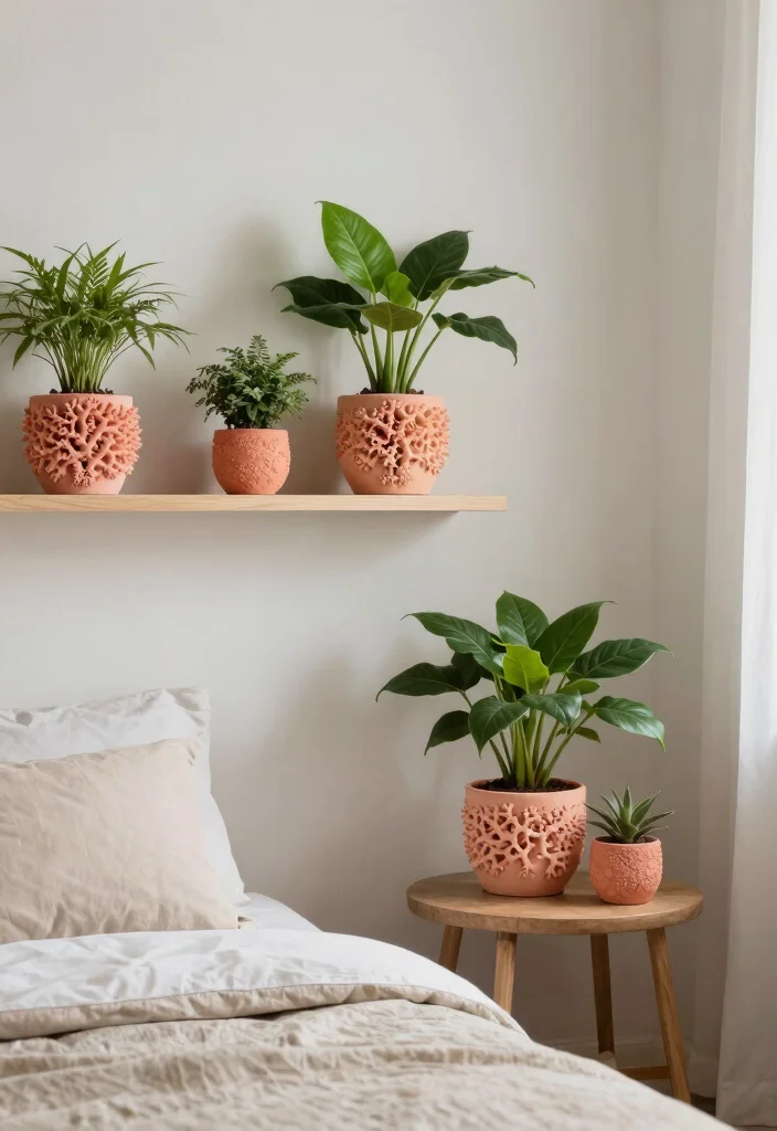 15 Coral Bedroom Ideas for Adults: Warm Fresh Sophistication - 14. Coral Plants 1