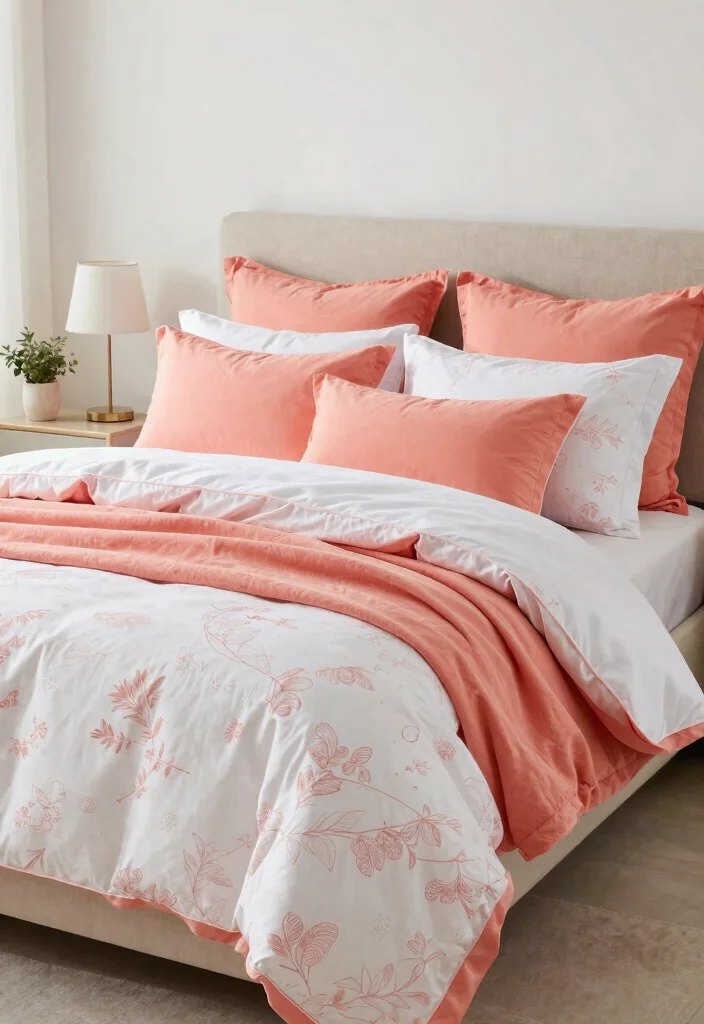 15 Coral Bedroom Ideas for Adults: Warm Fresh Sophistication - 2. Coral and White Bedding 1