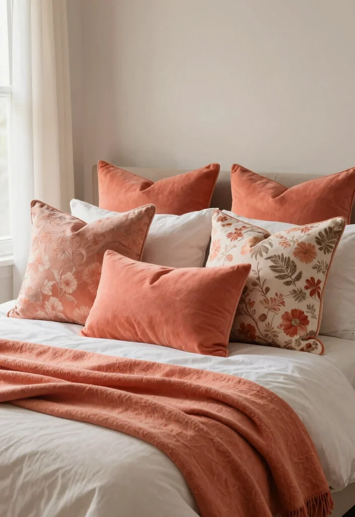15 Coral Bedroom Ideas for Adults: Warm Fresh Sophistication - 4. Coral Throw Pillows 1