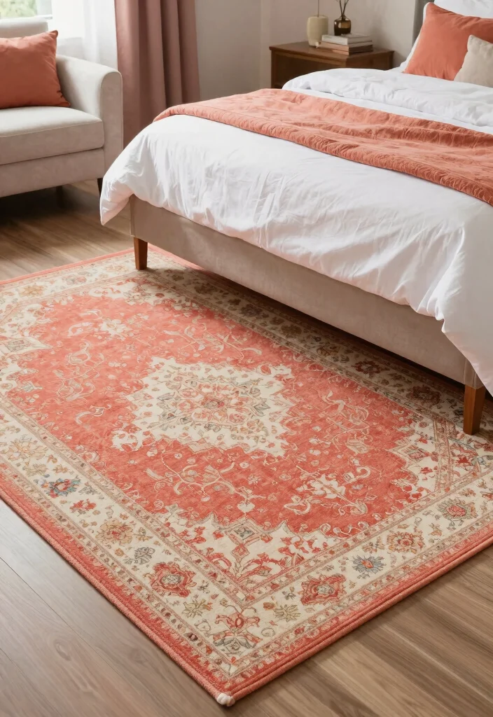 15 Coral Bedroom Ideas for Adults: Warm Fresh Sophistication - 5. Coral Rugs 1