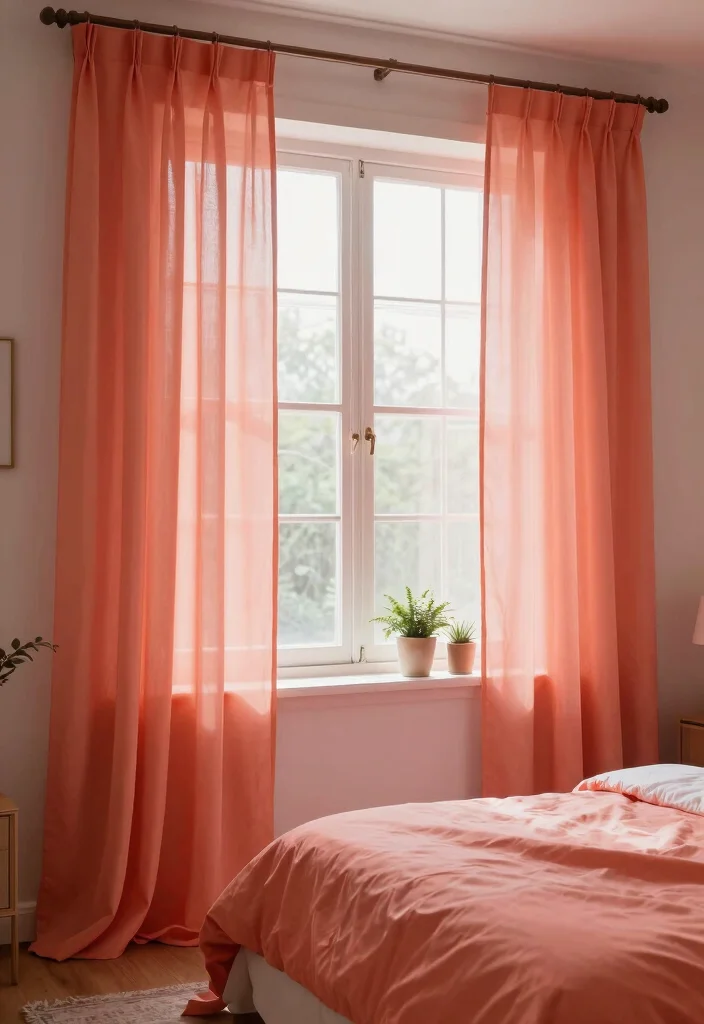 15 Coral Bedroom Ideas for Adults: Warm Fresh Sophistication - 6. Coral Curtains 1