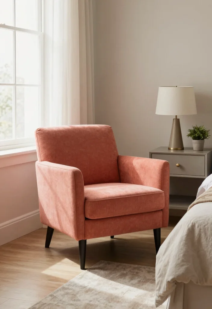 15 Coral Bedroom Ideas for Adults: Warm Fresh Sophistication - 7. Coral Accent Furniture 1