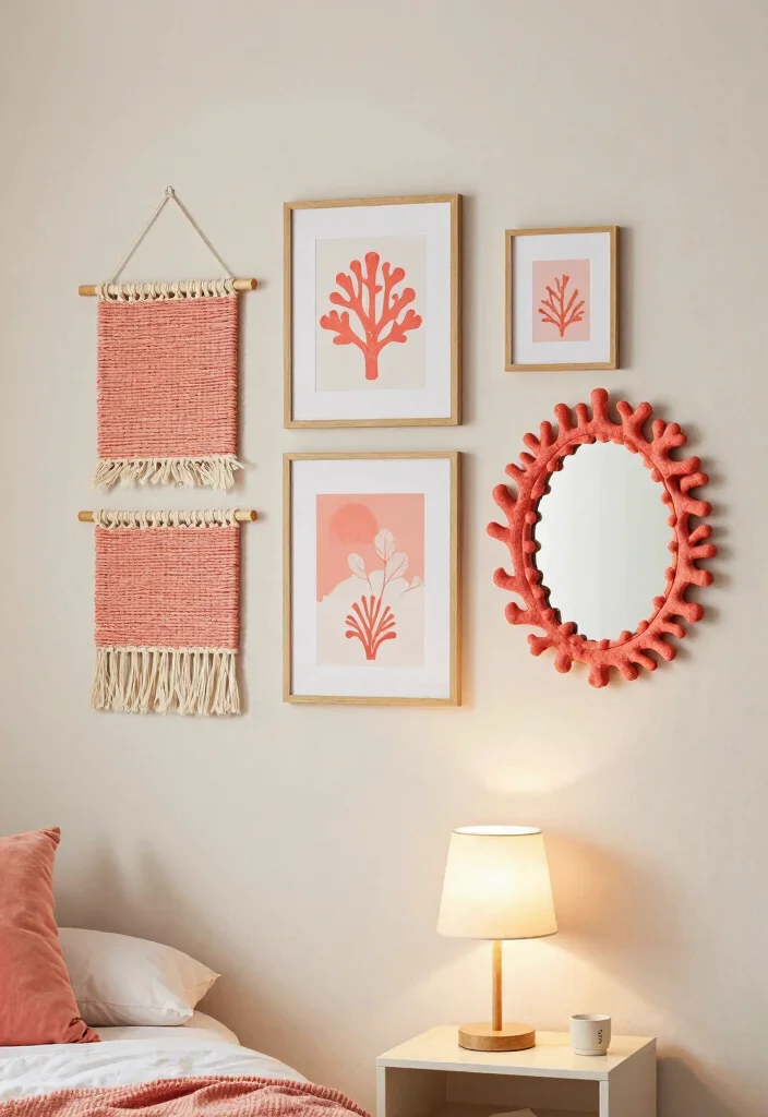 15 Coral Bedroom Ideas for Adults: Warm Fresh Sophistication - 8. Coral Wall Decor 1