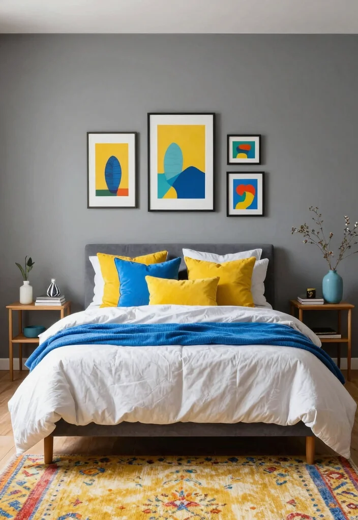 15 Gray Accent Wall Bedroom Ideas Modern Calm Contrast - 8. Gray with Pops of Color for a Vibrant Touch 1