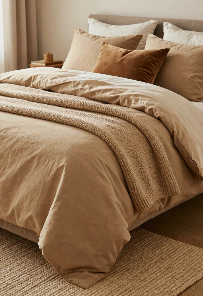 15 Tan Bedroom Ideas: Neutral Tones for a Calm and Timeless Space - 3. Layering Textures for Warmth 1