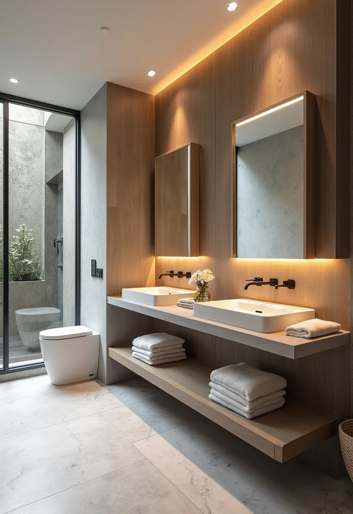 16 Bathroom Double Vanity Ideas For Stylish Shared Spaces - 14. Dual Functionality with Integrated Furniture