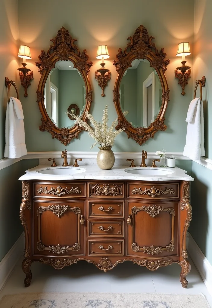 16 Bathroom Double Vanity Ideas For Stylish Shared Spaces - 3. Vintage Glam with Ornate Detailing