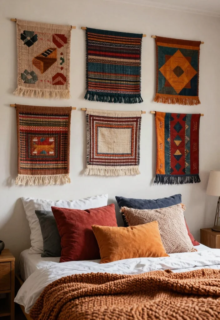 16 Bedroom Wall Art Painting Ideas: Artistic and Expressive - 16. Colorful Textile Wall Hangings 1
