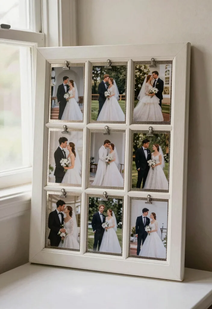 16 Bedroom Wedding Photo Display Ideas for a Romantic Personal Touch - 11. Old Window Frame Display 1