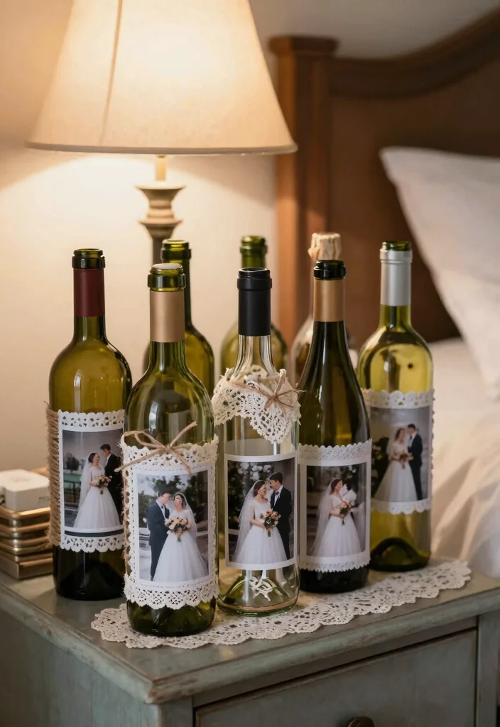 16 Bedroom Wedding Photo Display Ideas for a Romantic Personal Touch - 12. Repurposed Wine Bottles 1