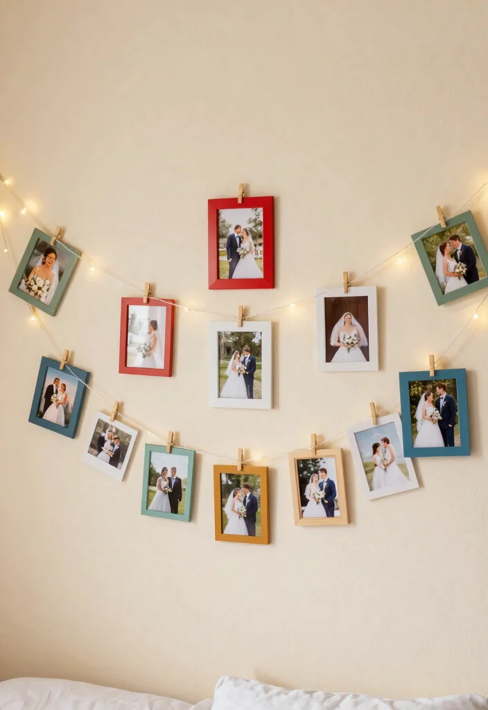 16 Bedroom Wedding Photo Display Ideas for a Romantic Personal Touch - 13. Photo Frame Garland 1