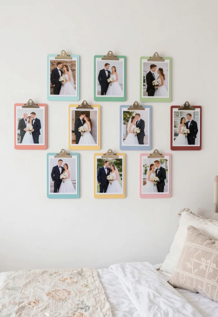 16 Bedroom Wedding Photo Display Ideas for a Romantic Personal Touch - 3. Clipboards for a Rotating Display 1
