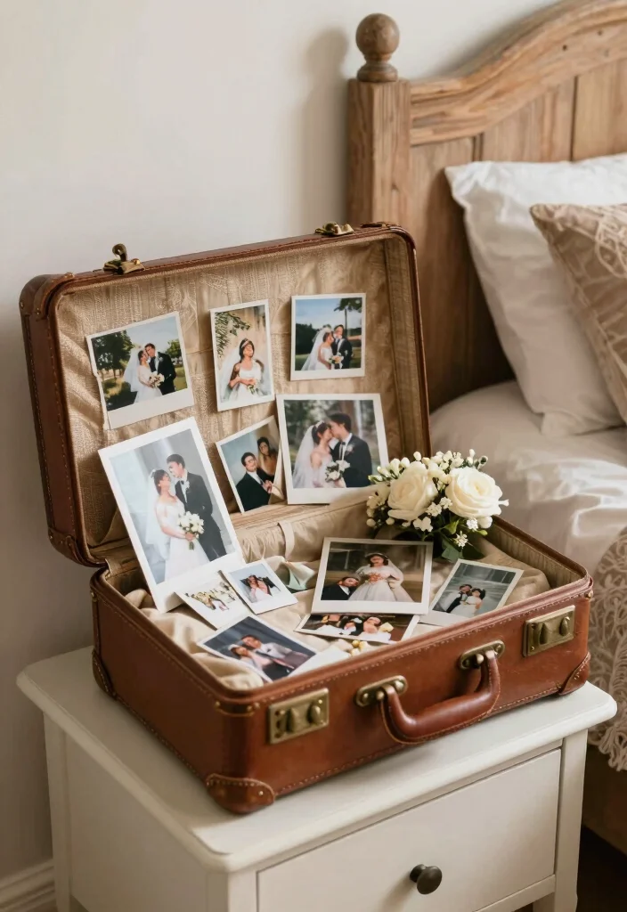 16 Bedroom Wedding Photo Display Ideas for a Romantic Personal Touch - 4. Vintage Suitcase Display 1