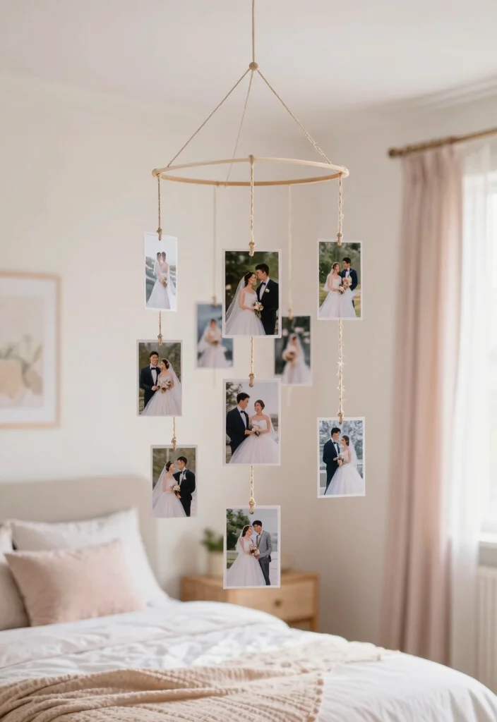 16 Bedroom Wedding Photo Display Ideas for a Romantic Personal Touch - 5. Hanging Photo Mobile 1