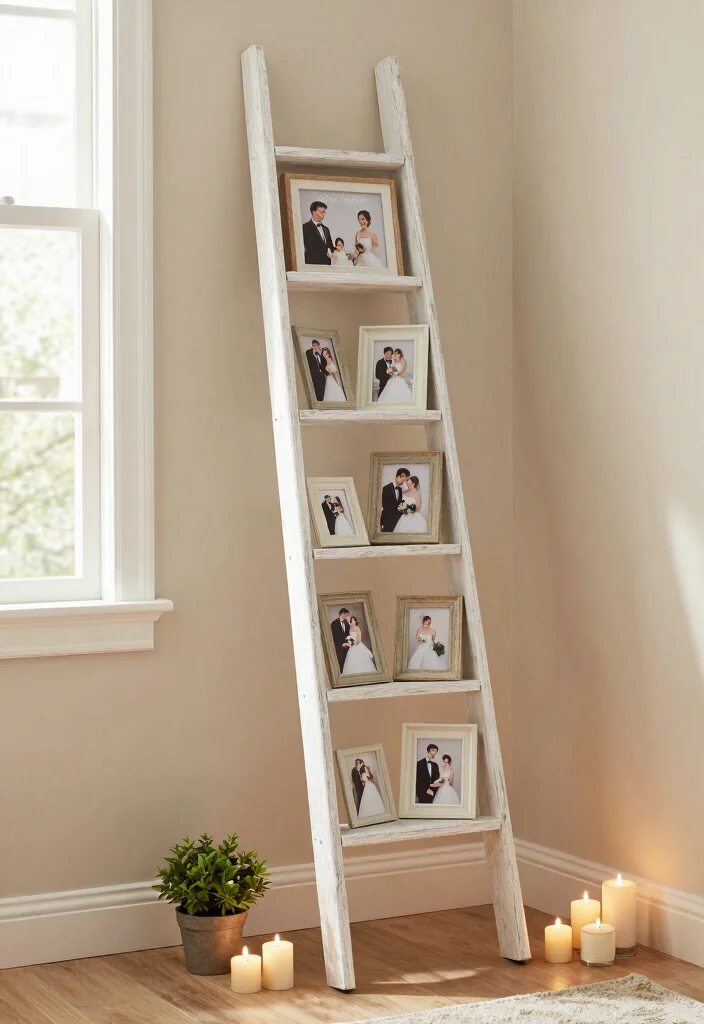16 Bedroom Wedding Photo Display Ideas for a Romantic Personal Touch - 7. Decorative Ladder Display 1