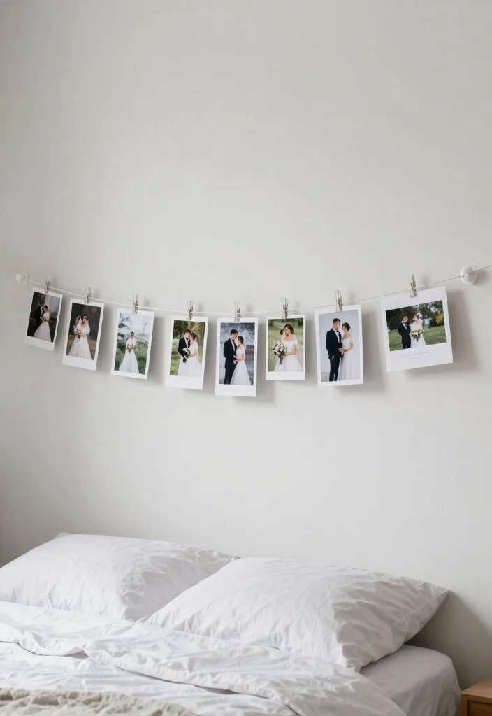 16 Bedroom Wedding Photo Display Ideas for a Romantic Personal Touch - 8. DIY Picture Rail 1