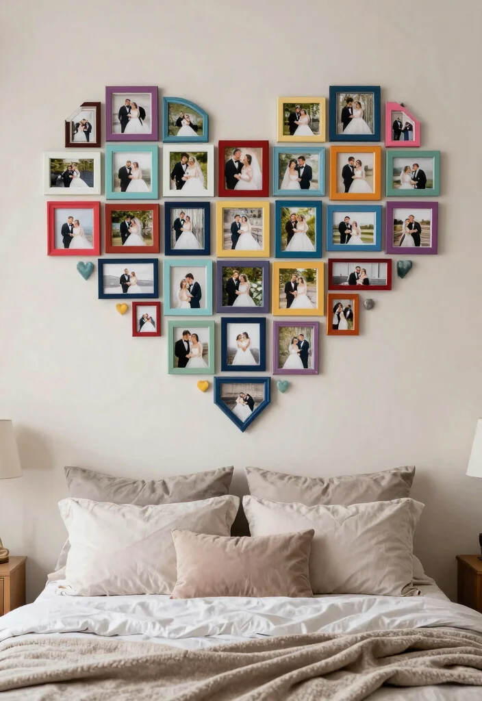 16 Bedroom Wedding Photo Display Ideas for a Romantic Personal Touch - 9. Framed Heart Collage 1