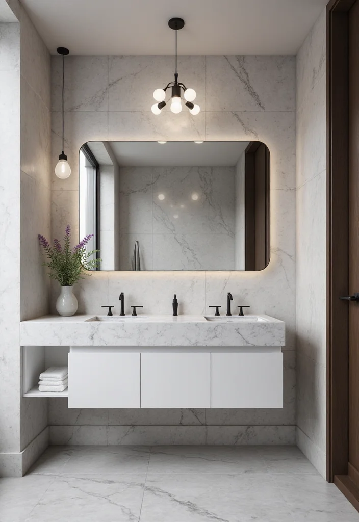 16 Marble Tile Bathroom Ideas With Luxury Style - 11. Floating Marble Vanity for a Modern Touch
