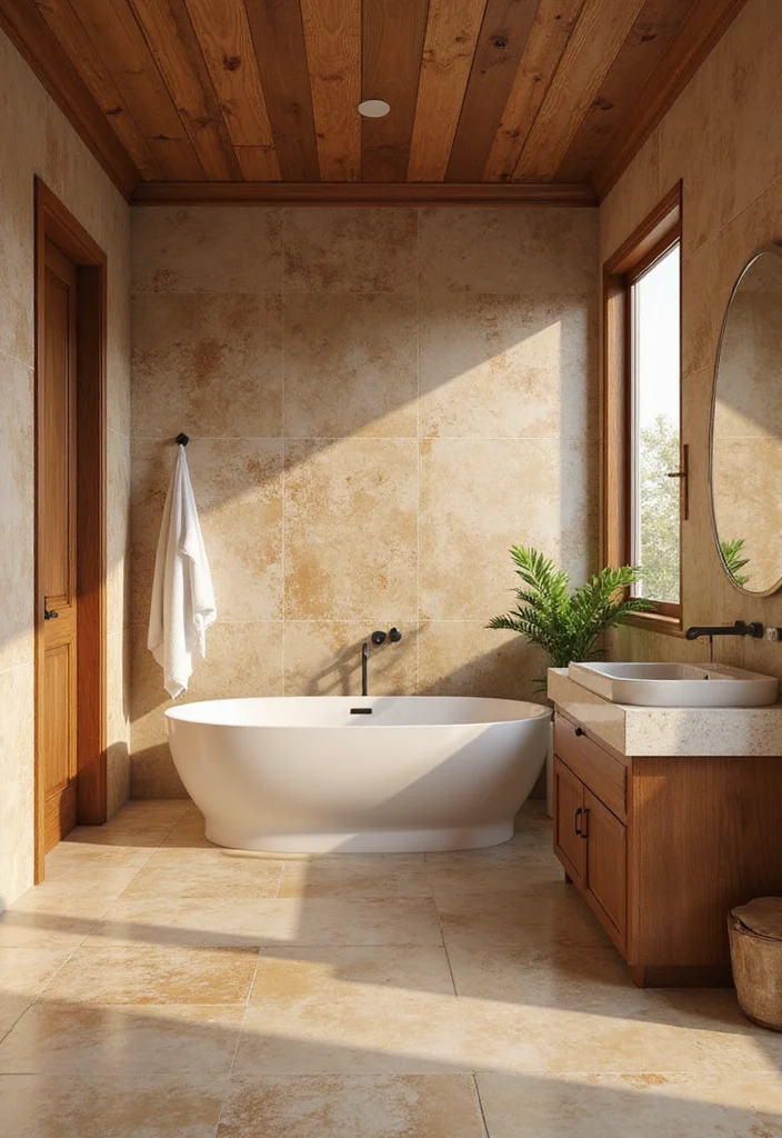 16 Marble Tile Bathroom Ideas With Luxury Style - 13. Warm Marble Tones with Natural Elements