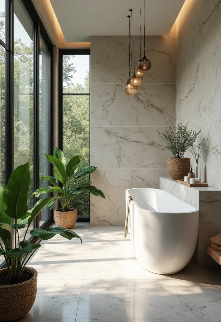 16 Marble Tile Bathroom Ideas With Luxury Style - 14. Outdoor-Inspired Marble Bathroom