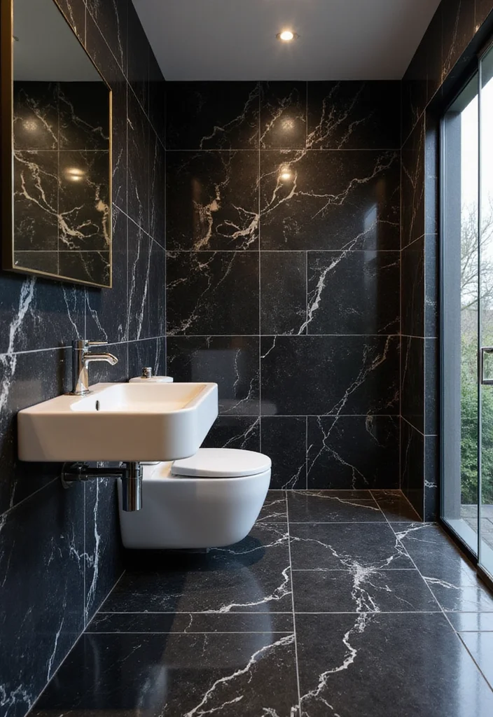 16 Marble Tile Bathroom Ideas With Luxury Style - 2. Bold Black Marble Drama