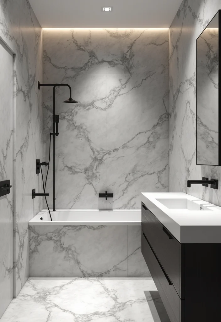 16 Marble Tile Bathroom Ideas With Luxury Style - 9. Monochrome Marble Masterpiece